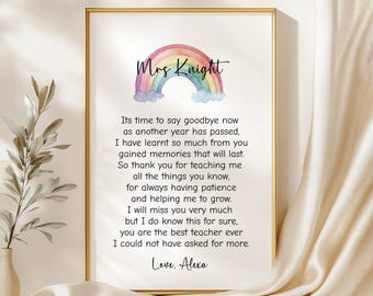 Personalised Rainbow Poem Print - Thank You, Leaving, End Of Year Gifts - For Child Minder, Pre School, Nursery Teacher, Teaching Assistant