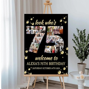 Black and Gold 75th Birthday Photo Collage, Look Who's 75, Customized Collage Board, Seventy Five Montage Display Poster, Gift Ideas for her