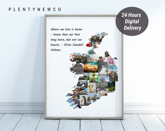 Ierland kaart fotocollage, gepersonaliseerde Ierland Wall Art Print op maat gemaakt van digitale foto's, afdrukbare Wall Art Print, Ierse muur decor