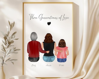 Three Generations of Love Print with Grandmother, Personalized Wall art gift for Mother's day, Mother and daughter. Custom Grandma Portrait