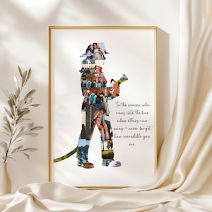 May include: A framed print with a collage in the shape of a firefighter. The collage is made up of multiple photographs. The text reads: "To the woman who runs into the fire when others run away - never forget how incredible you are."
