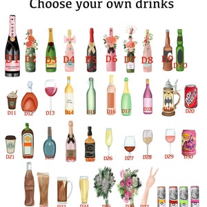 May include: A chart of 41 different drink options, including wine, beer, champagne, cocktails, and soda. Each drink is labeled with a number from D1 to D41.