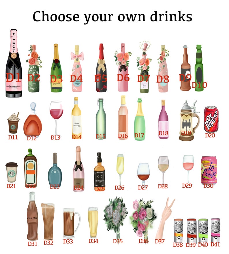 May include: A chart of 41 different drink options, including wine, beer, champagne, cocktails, and soda. Each drink is labeled with a number from D1 to D41.