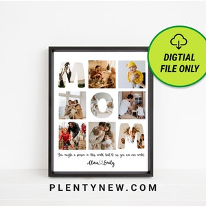 May include: A digital printable poster with a collage of family photos arranged in the shape of the word "MOM". The text "You maybe a person in this world but to us you are our world" is written below the photos, along with the names "Alicia & Emily".