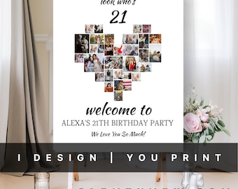 21st Birthday Decoration, Heart Photo Collage, Look Who's 21, Customized Photo Board, Twenty First Birthday Decor Welcome Sign Birthday Idea