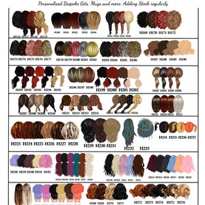May include: A chart of 76 different hairstyles, each with a unique color and style. The hairstyles are numbered from H156 to H276. The chart is titled "Plenty New Shop Creating Ideas" and includes the text "Personalised Bespoke Gits, Mugs and more. Adding Stock regularly".