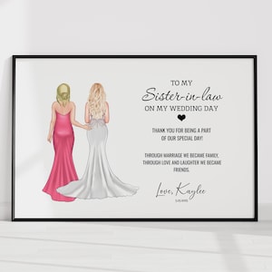 Belle-soeur cadeau de mariage de la mariée le jour du mariage, illustration de mariage personnalisée, cadeau soeur du marié, souvenir d'art dessin de mariée