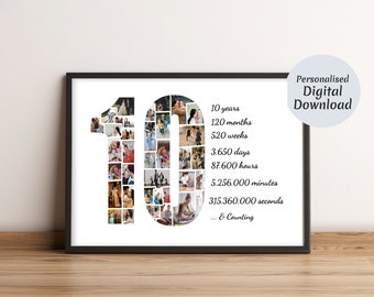 Può includere: Stampa incorniciata con il numero 10 composto da numerose fotografie. Il testo sulla stampa elenca unità di tempo, tra cui anni, mesi, settimane, giorni, ore, minuti e secondi. Un cerchio indica "Download digitale personalizzato."