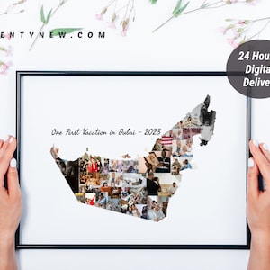 Collage de fotos de mapas de los Emiratos Árabes Unidos, collage de fotos de mapas de cualquier país, regalo de recuerdo de vacaciones de viaje de Dubái personalizado, regalos de viaje, sorpresa de viaje