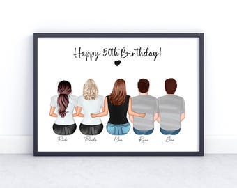 May include: A framed illustration of six people standing back to back with the text "Happy 50th Birthday!" at the top. The people are wearing casual clothing and are labeled with their names: "Rudi", "Pritha", "Man", "Ryan", and "Eva".