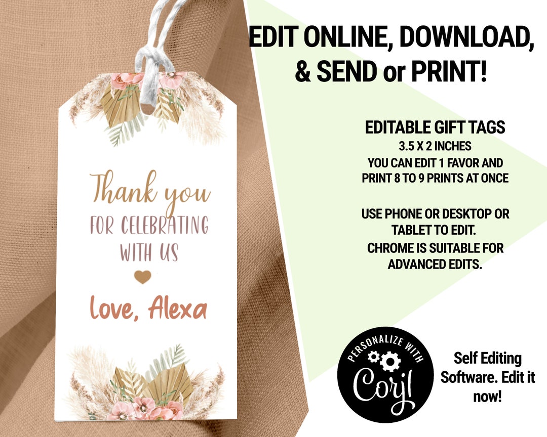 Editable Pampas Grass Baby Shower Thank You Tag Favor Bohemian Baby ...