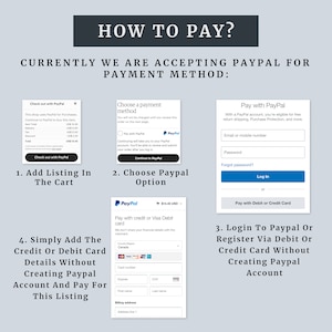 Może przedstawiać: Grafika przedstawiająca spos&oacute;b płatności za pomocą PayPal. Grafika pokazuje krok po kroku proces dodania przedmiotu do koszyka, wyboru PayPal jako metody płatności, zalogowania się do PayPal i zapłaty kartą kredytową lub debetową. Grafika zawiera r&oacute;wnież tekst, kt&oacute;ry brzmi: "Obecnie akceptujemy płatności za pomocą PayPal."