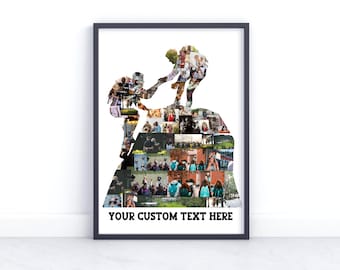 May include: Framed photo collage showing two figures in silhouette, one helping the other. The silhouettes are composed of smaller photos. The text "YOUR CUSTOM TEXT HERE" is at the bottom of the frame.