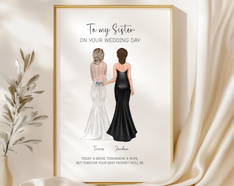 May include: A wedding card featuring an illustration of two women in wedding attire. The text reads "To my Sister on your wedding day. Tricia Jordan Today a bride, tomorrow a wife, but forever your best friend I will be."
