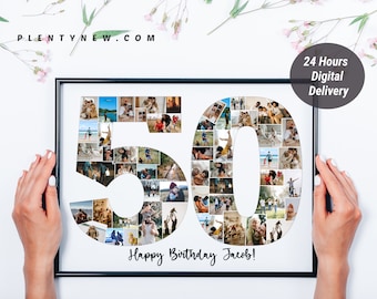 Personalized 50th Picture Collage, Personalized 50th Birthday Gift Number Photo Collage from your photos, 50th birthday Gift for Mom or Dad