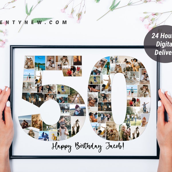 Custom 50th Birthday Photo Collage, Personalized 50th Picture Collage, Editable Number Collage Birthday Gift, Fifty Digital DIY, Birthday