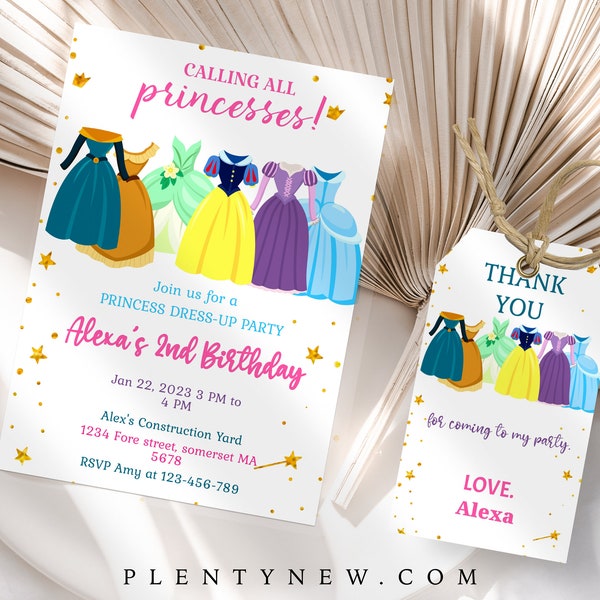 Editable Princess Birthday Invitation Princess Dress-Up Invite Royal Birthday Girl Pink Princess Dresses Template Corjl Printable, Princess