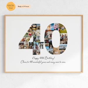 Colagem de fotos de 40º aniversário, presente personalizado de 40º aniversário, colagem do número 40, presente de foto de família, presente de aniversário personalizado para ele e ela