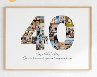 Collage photo 40e anniversaire, cadeau 40e anniversaire personnalisé, collage chiffre 40, cadeau photo de famille, cadeau d'anniversaire personnalisé pour elle et lui