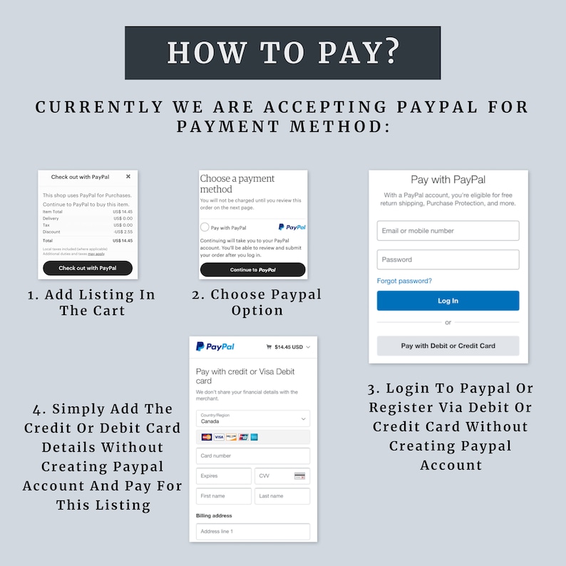 May include: A guide on how to pay for an Etsy listing using PayPal. The image shows three steps: 1. Add Listing In The Cart, 2. Choose Paypal Option, 3. Login To Paypal Or Register Via Debit Or Credit Card Without Creating Paypal Account. The image also shows a PayPal checkout screen with a credit card payment option.