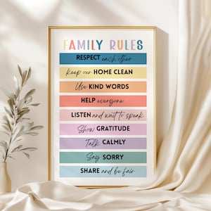 Könnte beinhalten: Ein gerahmter Druck mit den Worten "FAMILY RULES" in bunten Buchstaben. Darunter sind verschiedene Regeln aufgeführt, wie z. B. "RESPECT each other" und "SHARE and be fair", jeweils auf einem andersfarbigen Balken. Der Rahmen ist goldfarben.