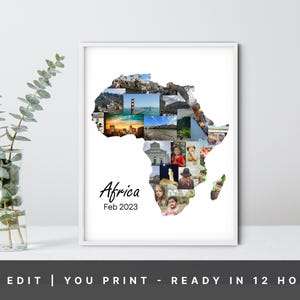 Collage de fotos de mapas de África, regalo de recuerdo de vacaciones de viaje personalizado, collage de imágenes de safari de África, collage de mapas de viaje personalizados