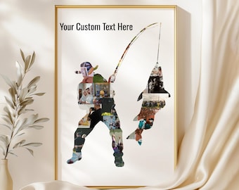 May include: A gold-framed art print showing a fisherman silhouette filled with photos, fishing with a fish-shaped collage. The text "Your Custom Text Here" is at the top. The print is displayed on a white background.