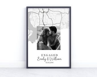 Impresión de mapa de compromiso personalizado - Regalo de compromiso personalizado - Regalo para pareja comprometida - Impresión de mapa personalizado - Impresión de compromiso
