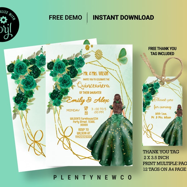 Quinceañera Invitation, EDITABLE Emerald Green and Gold Party Invite Template, Mis Quince Anos, 15th Birthday Party, Instant Download, QL