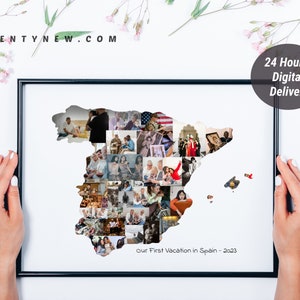 Regalo personalizado de recuerdo de vacaciones de viaje de España, regalo de collage de fotos de mapa de España, collage de fotos de mapa de cualquier país, regalos de viaje, sorpresa de viaje
