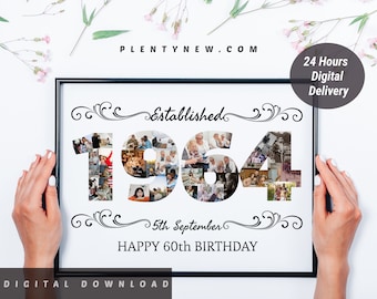 May include: A black framed digital printable with a photo collage of a year established in 1964. The numbers are made of photos and the text reads "Established" and "5th September" with a decorative flourish. The text "Happy 60th Birthday" is below the collage.