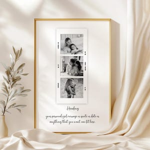 Puede incluir: Collage de fotos en blanco y negro de una madre y su hija en tres poses diferentes. Las fotos están dispuestas verticalmente en un marco con fondo blanco. El texto "Heading" y "your personalized message or quote or date or anything that you want can fit here" está impreso debajo de las fotos.