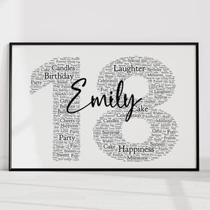 May include: A framed black and white print for an 18th birthday. The number 18 is formed by words like "Birthday", "Cake", and "Happiness". The name "Emily" is written in cursive across the center of the print.