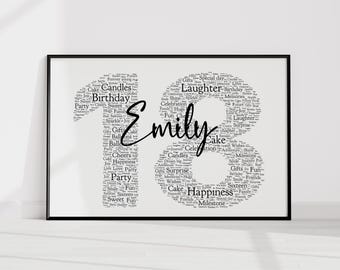 Personalised 18th Word Art Print, Birthday Gift, Custom Wall Art Framed Picture, Present For Him, Her, Boys, Girls Gift for her him Grandson
