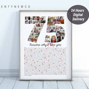 Collage photo 75E ANNIVERSAIRE, 75 raisons pour lesquelles nous vous aimons, 75 notes personnalisées, cadeau d'anniversaire pour maman, papa, tante, grand-mère, grand-père, oncle