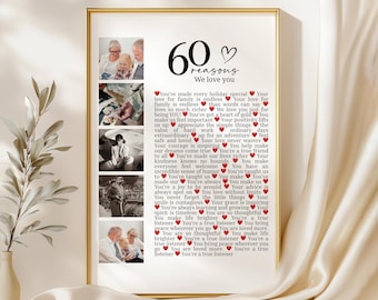 60 Reasons We Love You Photo Collage, Personalized 60th Birthday Gift, Custom Picture Poster for Mom, Dad, Wife, Husband, Anniversary Gift