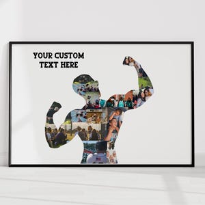 May include: A framed print with a muscular figure silhouette filled with a collage of photos. The words "YOUR CUSTOM TEXT HERE" are at the top. The artwork is in a black frame, set against a white background.