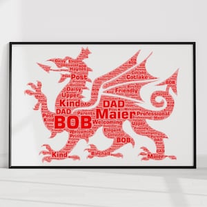 Personligt Y Ddraig Goch ordkonsttryck, Wales röd drake, walesisk gåva anpassad väggkonst, anpassad ordväggkonst fars dag-present till pappa