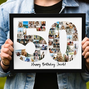 Personalisierte 50er Bildcollage, personalisierte 50er Geburtstagsgeschenk Nummer Fotocollage aus Ihren Fotos, Geschenk für Mama oder Papa, jede Zahl