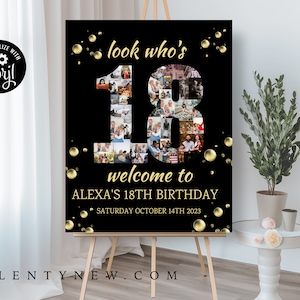 Look Who's 18 ans, modèle de collage photo noir et or pour 18e anniversaire, modèle de collage photo noir et or, tableau de collage photo personnalisable