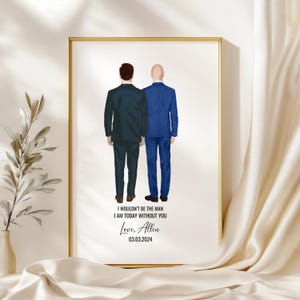 May include: A wedding card with a watercolor illustration of two men in suits standing back to back. The text reads "I wouldn't be the man I am today without you. Love, Allen. 03.03.2024."
