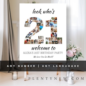 Mira quién tiene 21 años, póster de collage de fotos del 21 cumpleaños, tablero de collage de fotos personalizable, póster de exhibición de montaje fotográfico, descarga personalizada
