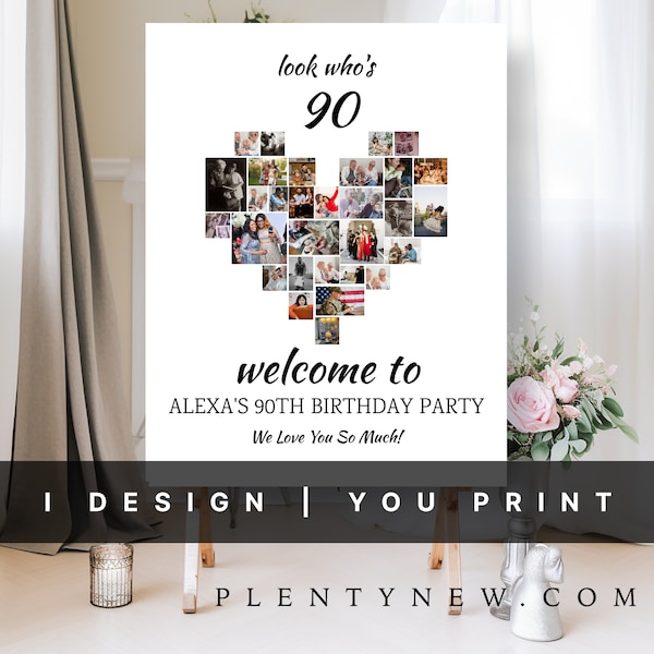 90th Birthday Decoration, Heart Photo Collage, Look Who's 90, Customizable Photo Board, Ninety Birthday Decor, Welcome Sign Birthday Idea