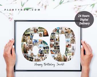 Custom 60th Birthday Photo Collage, Personalized 60th Picture Collage Template, Editable Number Collage Birthday Gift, 1964 Year Birthday