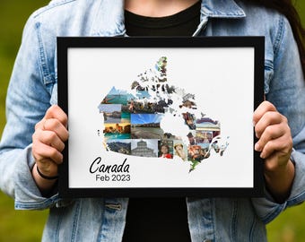 Canada photo collage honeymoon wedding gift, Custom travel destination country map wall art, Printable holiday map Personalized gift for her