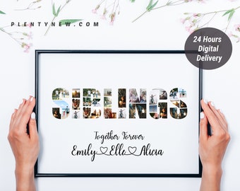 Custom Sibling Photo Collage, Personalized Picture Letters, SIBLINGS Sign Wall Art, Kids Room Decor, Birthday Gift for Brother Sister Ideas