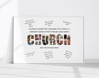 Geschenken kerkgroep, geschenken bijbelstudiegroep, christelijke bedieningsgroep, gepersonaliseerde kerk fotocollagekunst, geschenken ministerie jeugd, predikant