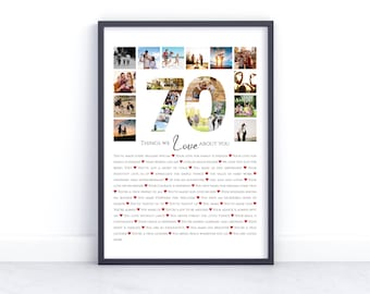 Regalo per il 70° compleanno: collage fotografico personalizzato, 70 motivi per cui ti amiamo (file digitale)