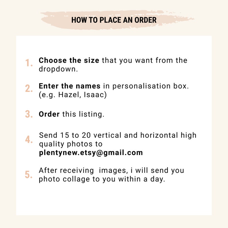 May include: A white background with black text outlining how to place an order for a custom photo collage. The steps include choosing a size, entering names, ordering the listing, sending photos, and receiving the finished collage.