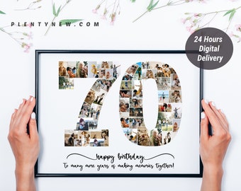 Puede incluir: Un collage de fotos digital imprimible en forma del número 70. El collage está formado por muchas fotos pequeñas de personas. El texto "feliz cumpleaños" y "¡A muchos más años de hacer recuerdos juntos!" está impreso debajo del collage.